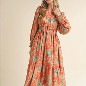 Floral Orange and Green Maxi Dress